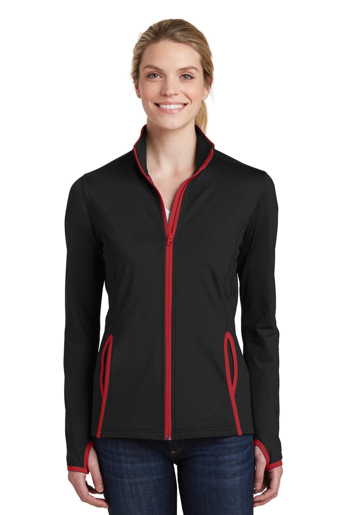 Sport-Tek® Women's Sport-Wick® Stretch Contrast Full-Zip Jacket.  LST853