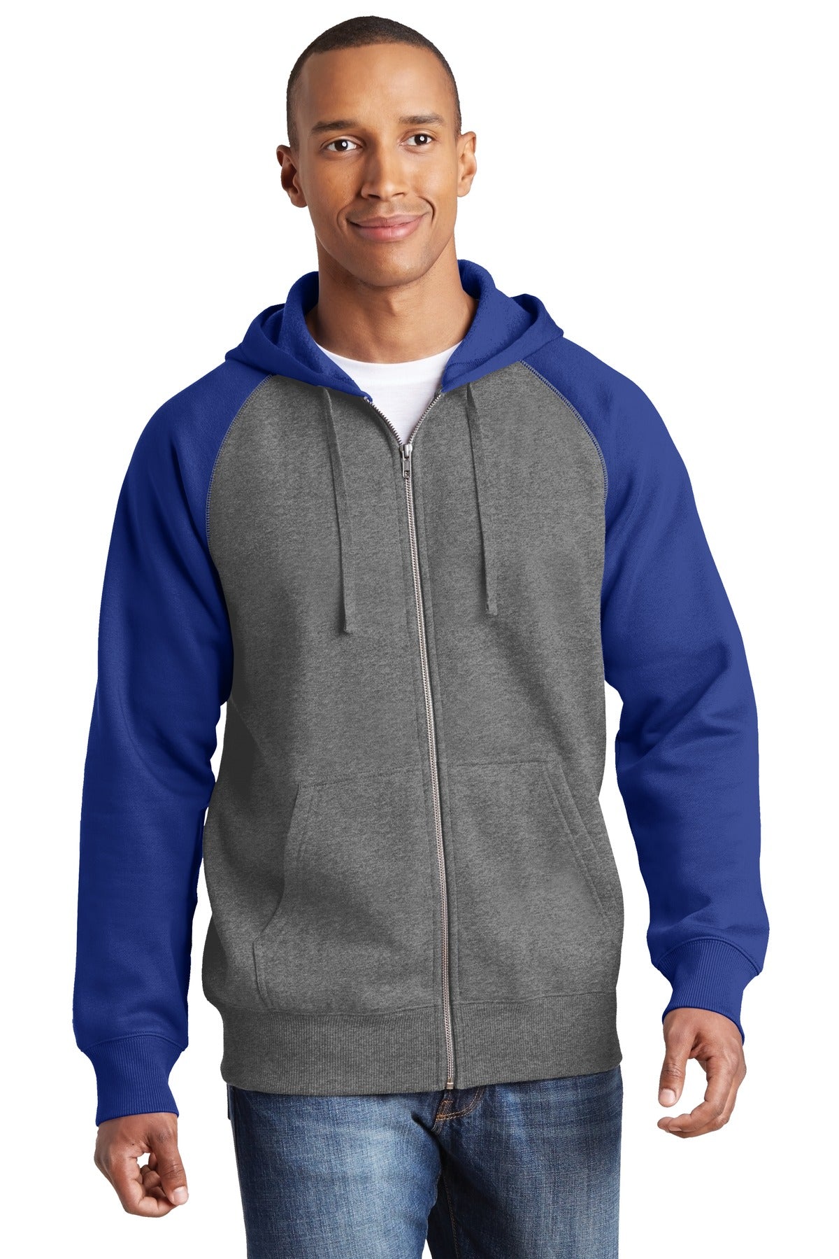 Sport-Tek® Raglan Colorblock Full-Zip Hooded Fleece Jacket.  ST269